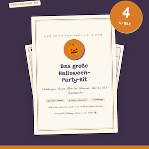 Puede incluir: Un documento PDF de kit de fiesta de Halloween titulado Das große Halloween-Party-Kit. La portada presenta una ilustración de calabaza, texto que detalla juegos como Bingo y Monster-Scharade, y una insignia que indica 4 juegos para edades de 4 a 12 años.
