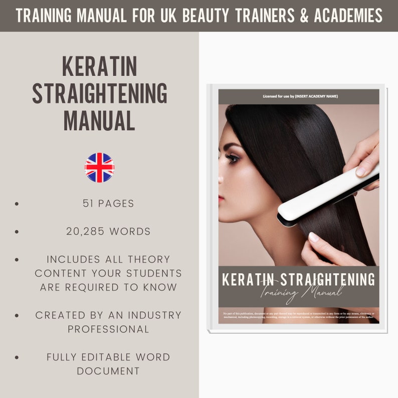 Keratin-Begradigung Digital Editable Training Manual Guide UK Entspannendes und chemisches Glätten Handbuch für Trainingsakademien Bild 1