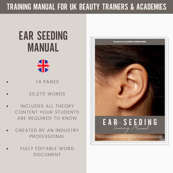 Ear Seeding Auriculartherapy Digital Editable Training Manual Guide UK | Ressources de formation beauté | Manuel d'ensemencement des oreilles pour l'académie de formation