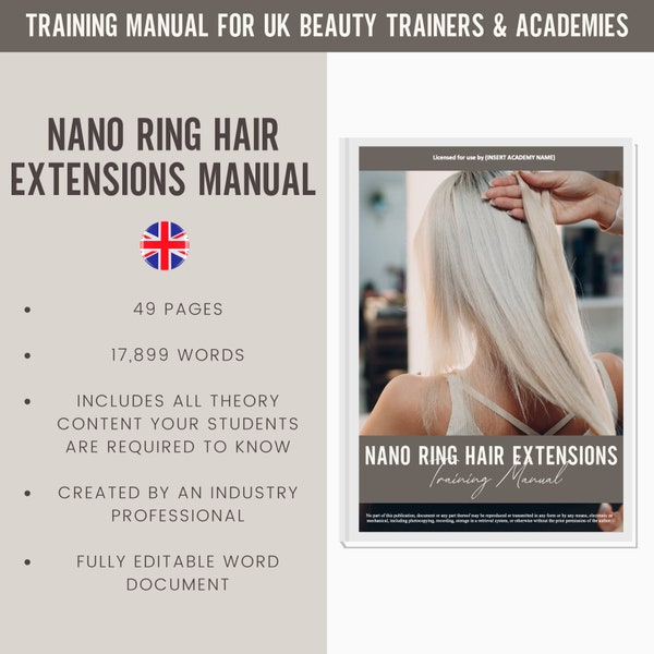 Guide du manuel de formation modifiable numérique sur les extensions de cheveux Nano-Ring UK | Ressources de formation en beauté | Manuel de coiffure pour les académies de formation