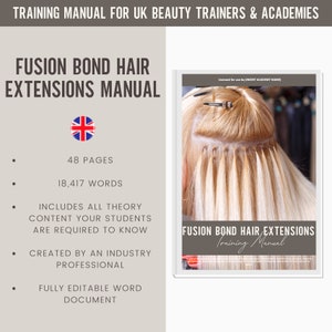 Puede incluir: Un manual de formación para formadores y academias de belleza del Reino Unido sobre extensiones de cabello con fusión. El manual incluye 48 páginas y 18.417 palabras. Cubre todos los contenidos teóricos que los estudiantes necesitan saber y está creado por un profesional del sector. El manual es totalmente editable en formato Word.