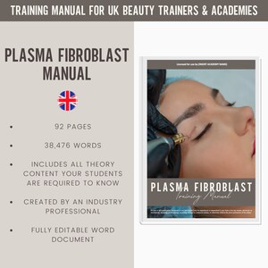 Manual de formación editable digital de fibroblastos con plasma Guía Reino Unido / Recursos de formación de belleza / Manual de levantamiento de plasma para academias de formación