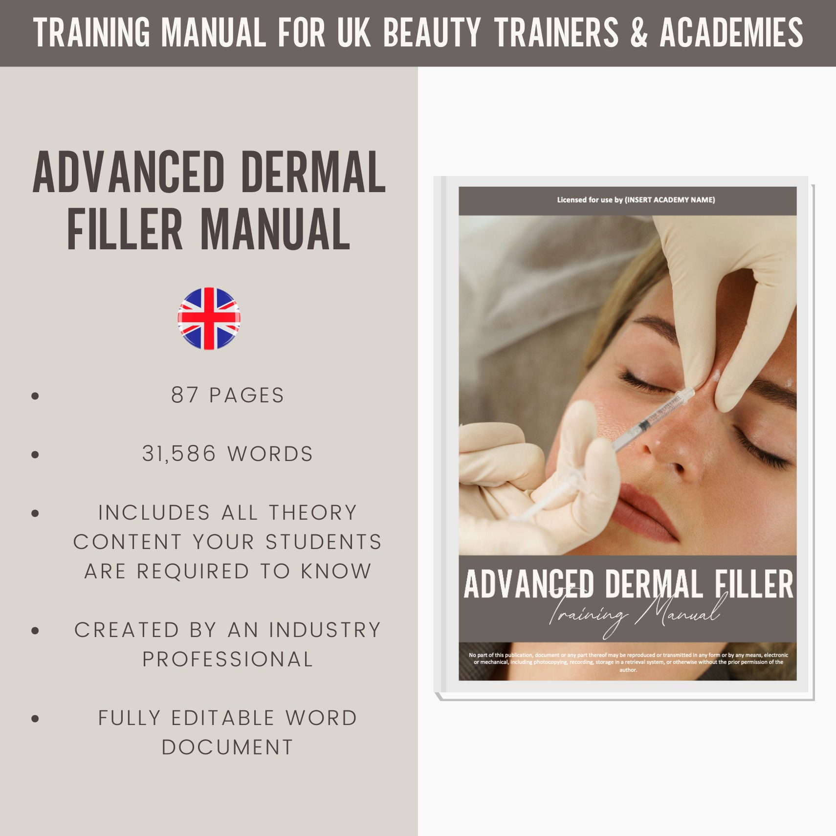 Advanced Dermal Filler Digital Editable Training Manual Guide UK | Beauty Training Resources | Dermal Filler Manual for Training Academies