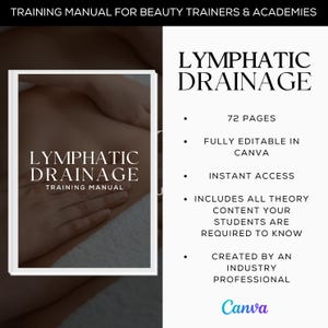 Könnte beinhalten: Ein Trainingshandbuch für Beauty-Trainer und -Akademien zum Thema Lymphdrainage. Das Cover zeigt ein Foto einer Person, die eine Massage erhält. Das Handbuch umfasst 72 Seiten, ist vollständig in Canva bearbeitbar und enthält alle theoretischen Inhalte, die die Schüler benötigen. Es wurde von einem Branchenexperten erstellt.
