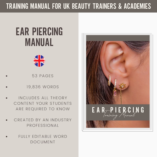 Guide du manuel de formation numérique modifiable pour le perçage des oreilles Royaume-Uni | Ressources de formation beauté | Manuel de perçage des oreilles au Royaume-Uni pour les académies de formation