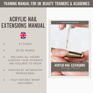 Può includere: Manuale di formazione per extension unghie in acrilico. La copertina presenta il titolo "Acrylic Nail Extensions Manual" con la bandiera del Regno Unito. Il manuale include 67 pagine, 29.781 parole e tutti i contenuti teorici necessari.