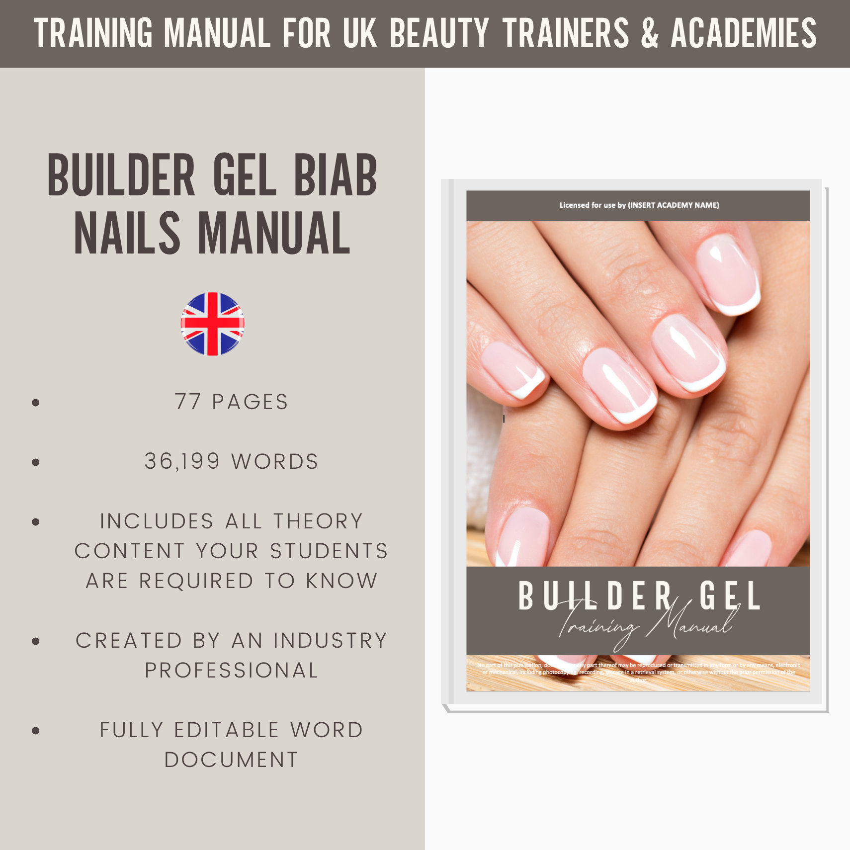 Builder Gel BIAB Nails Digital Editable Training Manual Guide UK