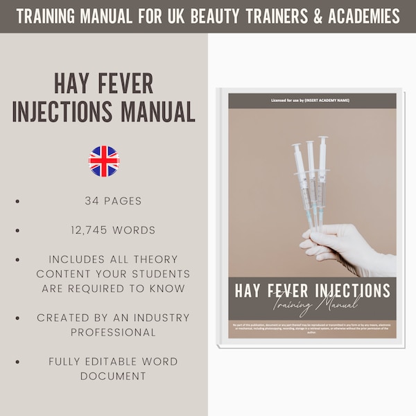 Heuschnupfen-Injektionen Digital Editable Training Manual Guide UK | Beauty Training Ressourcen | Heuschnupfen-Injektions-Handbuch für Training Academy