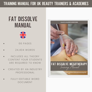 Puede incluir: Un manual de formación para formadores y academias de belleza del Reino Unido sobre mesoterapia de disolución de grasa. El manual incluye 66 páginas y 24.404 palabras. Cubre todo el contenido teórico que los estudiantes necesitan saber y está creado por un profesional del sector. El manual es totalmente editable y viene en formato de documento Word.