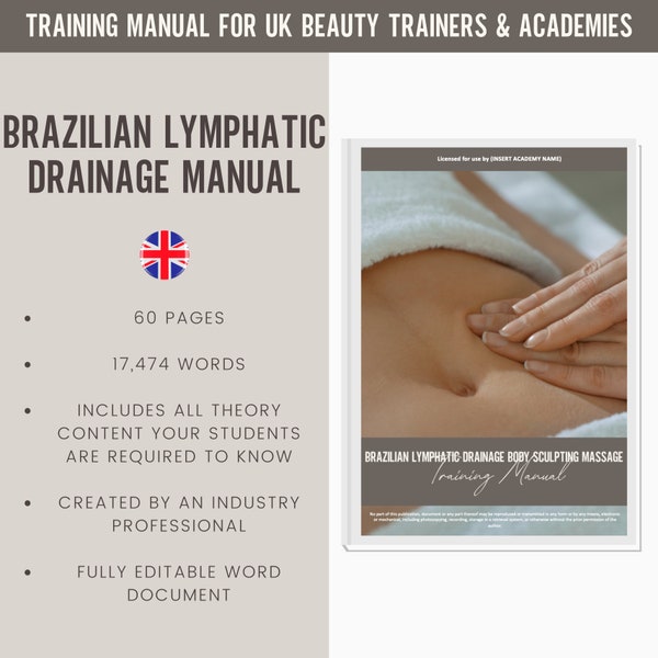 Braziliaanse lymfedrainagemassage Digitale bewerkbare trainingshandleiding UK | Bronnen voor schoonheidstraining | Handleiding drainagemassage