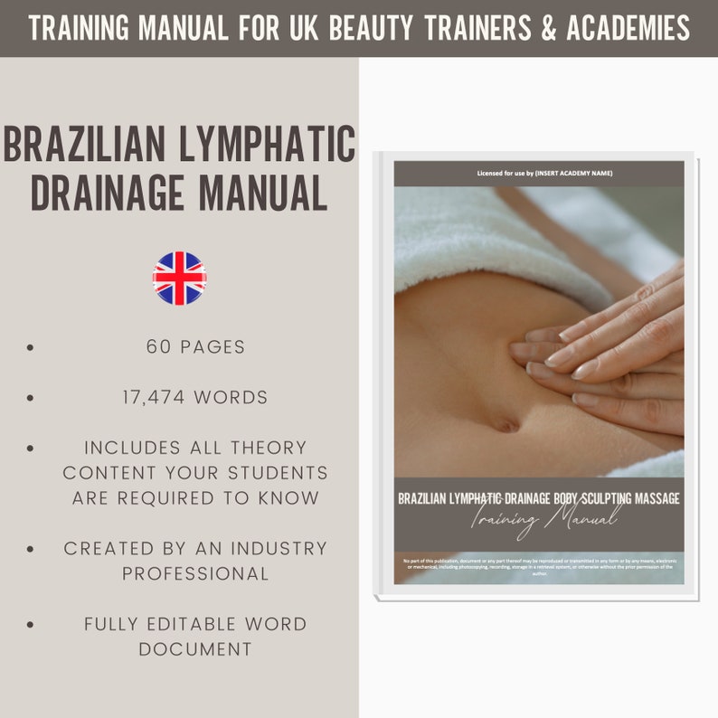 Massage de drainage lymphatique brésilien Guide du manuel de formation numérique modifiable Royaume-Uni Ressources de formation beauté Manuel de massage drainant image 1