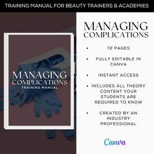 Könnte beinhalten: Ein Trainingshandbuch mit dem Titel "Managing Complications" mit rosa Hintergrund und einem Paar blauer Latexhandschuhe in einer weißen Box. Das Handbuch umfasst 72 Seiten, ist vollständig in Canva bearbeitbar und enthält alle theoretischen Inhalte, die die Schüler benötigen. Es wurde von einem Branchenexperten erstellt.