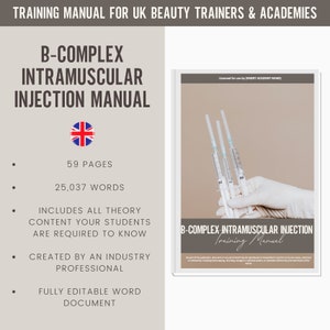 Peut inclure: Manuel de formation pour les formateurs et les académies de beauté du Royaume-Uni sur l'injection intramusculaire de vitamine B. Le manuel compte 59 pages et comprend 25 037 mots. Il couvre tous les contenus théoriques que les étudiants doivent connaître. Le manuel est créé par un professionnel du secteur et est entièrement modifiable au format Word.