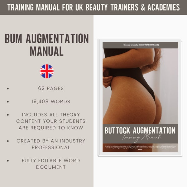 Gesäßvergrößerung Digital Editable Training Manual Guide UK | Beauty Training Ressourcen | Gesäßfüller Handbuch für UK Training Academies