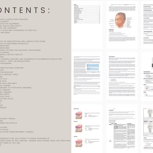 May include: A document with a list of contents for a course on thread lifting. The document includes topics such as health and safety, anatomy, thread types, and techniques. The document also includes diagrams of the face and neck.