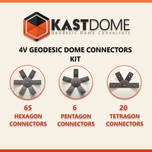 May include: A 4V geodesic dome connector kit with 65 hexagon connectors, 6 pentagon connectors, and 20 tetragon connectors. The connectors are made of metal and are silver in color.