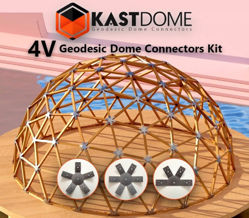 May include: A 4V geodesic dome connectors kit with a wooden frame and silver connectors. The kit includes three types of connectors: a six-pointed star, a five-pointed star, and a three-pointed star.