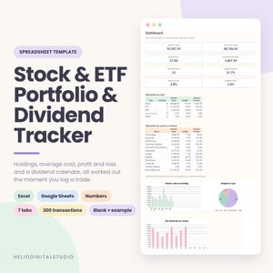 May include: A digital spreadsheet template for a Stock & ETF Portfolio & Dividend Tracker. The interface displays a dashboard with financial metrics, allocation tables by type and sector, and charts including bar graphs and a pie chart.