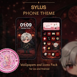 Pode incluir: Um pacote de temas para celular intitulado SYLUS PHONE THEME, apresentando duas telas de smartphone com fundos vermelho-escuros, um personagem estilo chibi com cabelo prateado e ícones de aplicativos personalizados para iOS e Android.