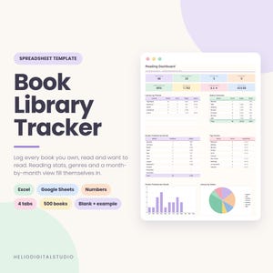 May include: A digital spreadsheet template titled Book Library Tracker for Excel, Google Sheets, and Numbers. The interface displays a reading dashboard with colorful data tables, charts, and graphs tracking books, genres, and monthly reading statistics.