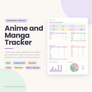 Puede incluir: Una plantilla de hoja de cálculo titulada Anime and Manga Tracker, que presenta un panel con gráficos, tablas y estadísticas coloridas para realizar un seguimiento de series, episodios y capítulos. Compatible con Excel, Google Sheets y Numbers.