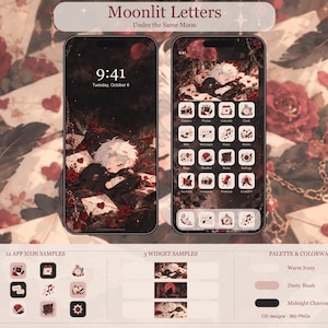 Può includere: Un tema digitale per telefono cellulare intitolato Moonlit Letters Under the Same Moon con un'estetica scura, rose rosse, buste bianche e un personaggio chibi. Include 12 icone di app, 3 widget e una tavolozza di colori avorio, blush e carbone.