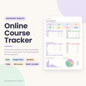 May include: A digital spreadsheet template titled Online Course Tracker for Excel, Google Sheets, and Numbers. The interface displays a Learning Dashboard with various data tables, a bar chart, and a pie chart tracking course progress and study hours.