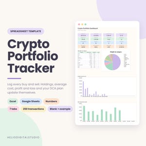 May include: A digital spreadsheet template for a Crypto Portfolio Tracker. The interface displays a dashboard with financial data, including a pie chart for weight by category, a bar chart for market value by coin, and a bar chart for net invested by month.