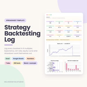 May include: A digital spreadsheet template titled Strategy Backtesting Log, featuring a dashboard with performance metrics, an equity curve line graph, and bar charts for strategy analysis. The layout includes text labels for Excel, Google Sheets, and Numbers compatibility, with a clean, light-colored interface design.