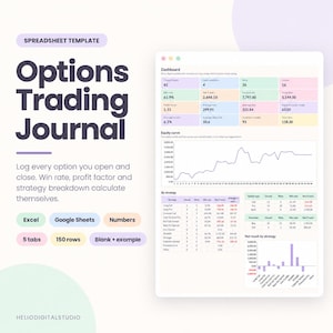 May include: A digital spreadsheet template titled Options Trading Journal, featuring a dashboard with performance metrics, an equity curve line graph, and tables for strategy breakdowns. The layout includes sections for Excel, Google Sheets, and Numbers compatibility, with 5 tabs and 150 rows.
