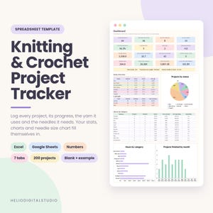 May include: A digital spreadsheet template titled Knitting & Crochet Project Tracker. The interface displays a dashboard with project statistics, a status pie chart, a library by category table, and bar graphs for hours and monthly project completion.