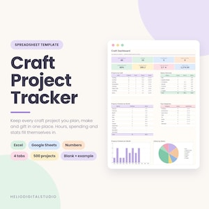 Puede incluir: Una plantilla de hoja de cálculo titulada Craft Project Tracker, que presenta un panel con tablas y gráficos para realizar un seguimiento de proyectos de manualidades, horas y gastos. Compatible con Excel, Google Sheets y Numbers, con 4 pestañas.