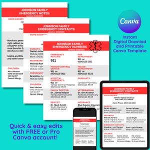 Emergency Information Sheet, Editable Emergency Contact Info Template on Canva, Emergency Information Sheet for Children, Digital File PDF