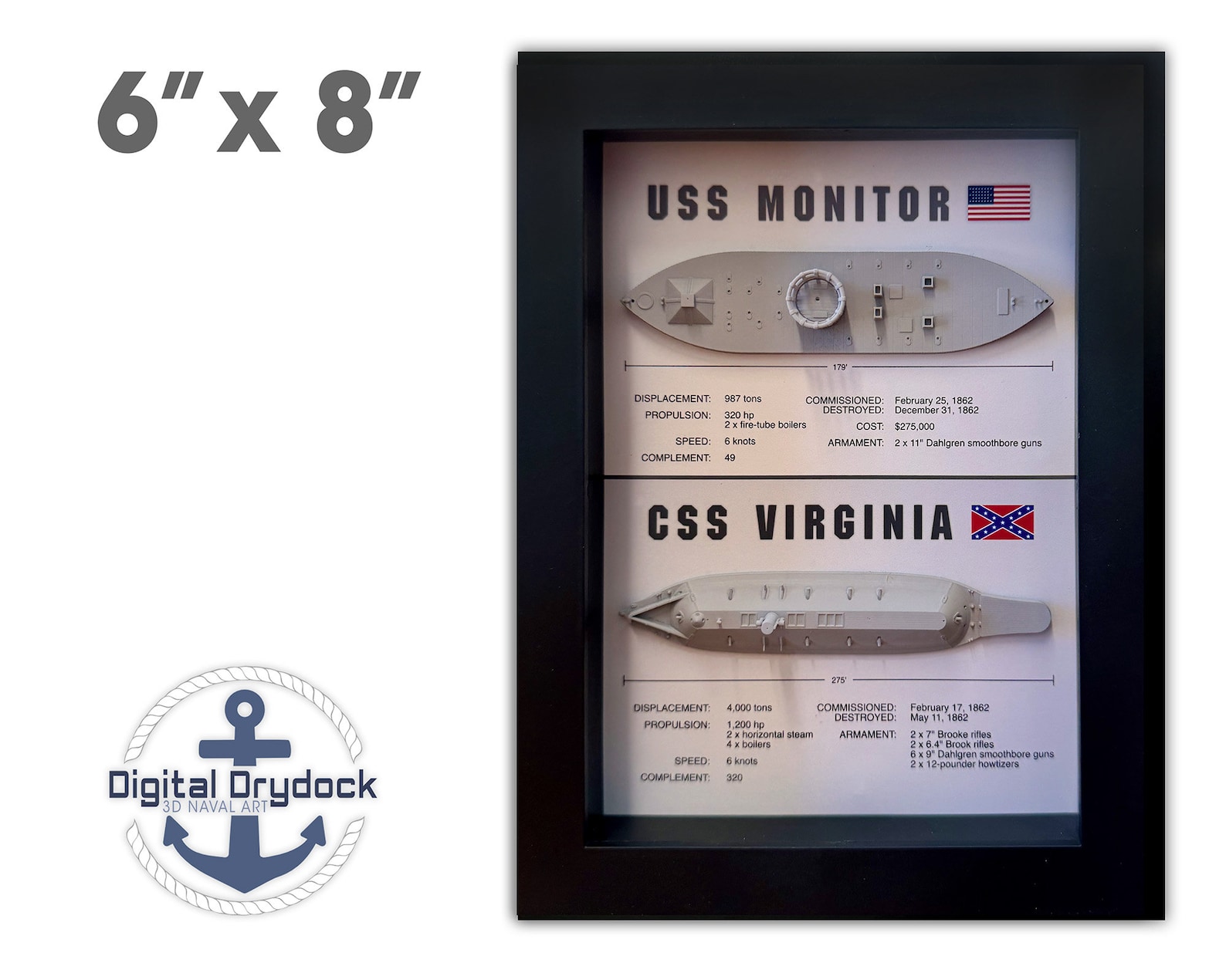 Monitor & Merrimack (CSS Virginia) Ironclad Memorial Display Shadow Box ...