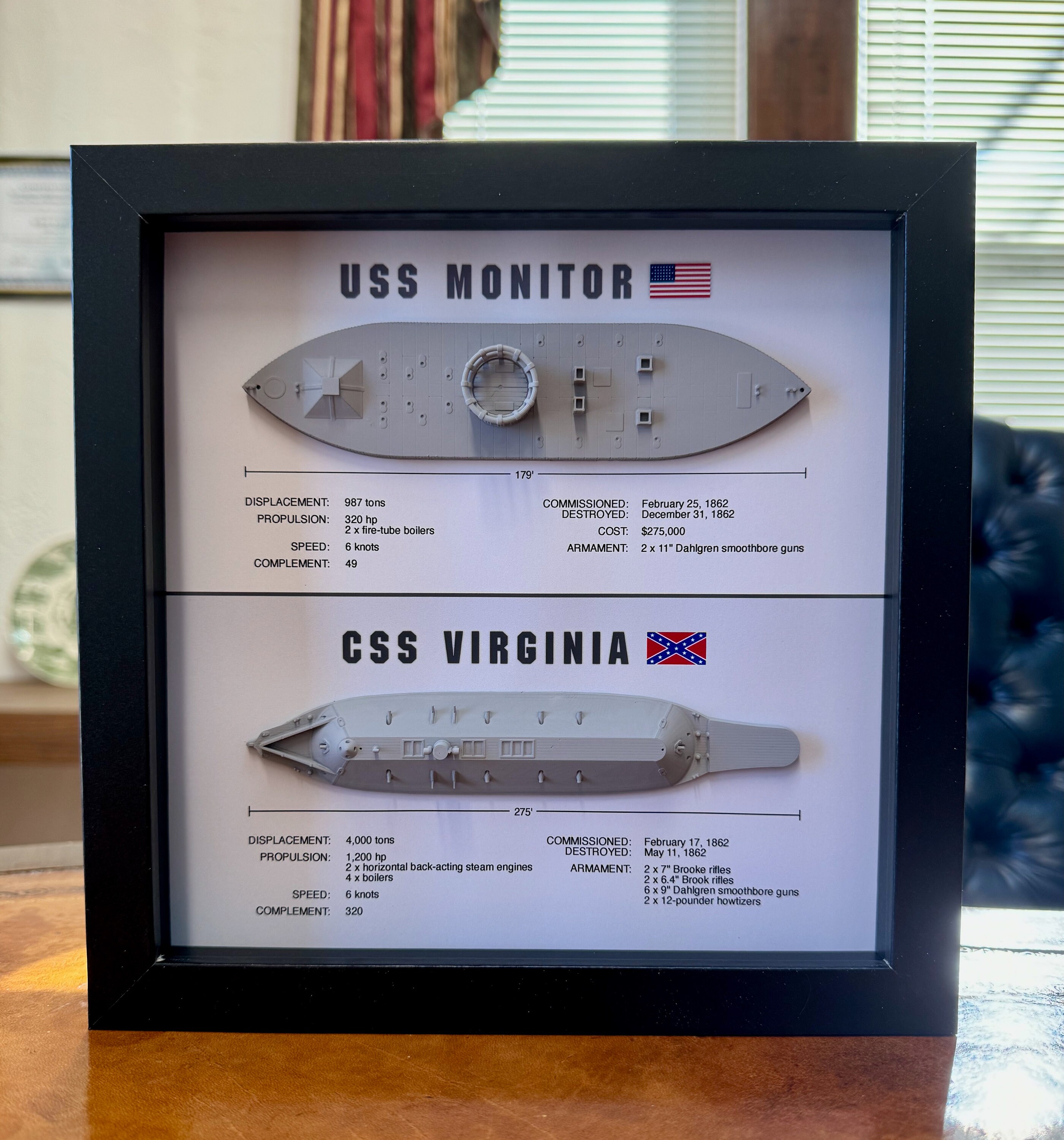 Monitor & Merrimack (CSS Virginia) Ironclad Memorial Display Shadow Box ...