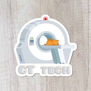 May include: A white and gray CT scan machine with a cartoon orange cat lying on the table. The text "CT TECH" is below the machine.