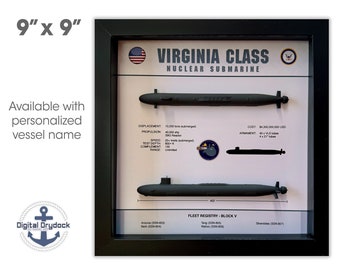 Virginia Class Block V with VPM, Submarine Memorial Display Shadow Box, SSN-803, 9" x 9", Black