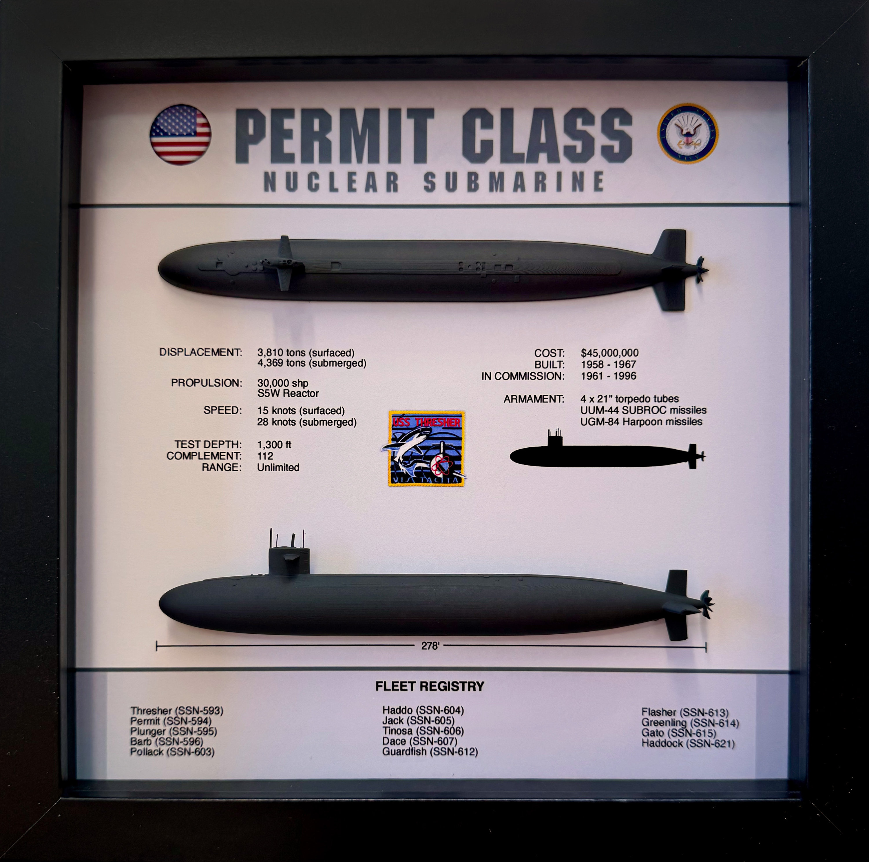 Permitted Class Name Permit Class Submarine Memorial Display Shadow Box, Thresher Class, 9 ...