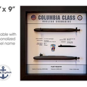 May include: A framed print of a Columbia Class Nuclear Submarine with the text "Columbia Class Nuclear Submarine" and "Fleet Registry" with the names of three submarines: "District of Columbia (SSBN-826)", "Wisconsin (SSBN-827)", and "Groton (SSBN-828)".