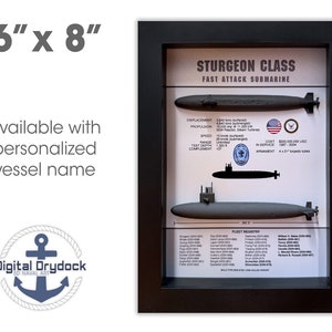 May include: A framed 6" x 8" print of a Sturgeon Class Fast Attack Submarine. The print includes details about the submarine, such as its displacement, propulsion, speed, range, test depth, complement, cost, in service, and armament. The print also includes a fleet registry of Sturgeon Class submarines.