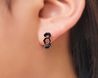 Hexagon earrings - Bee earrings - Geometric earrings - Black huggie earrings - Silver huggie hoops - Hexagon huggie hoops