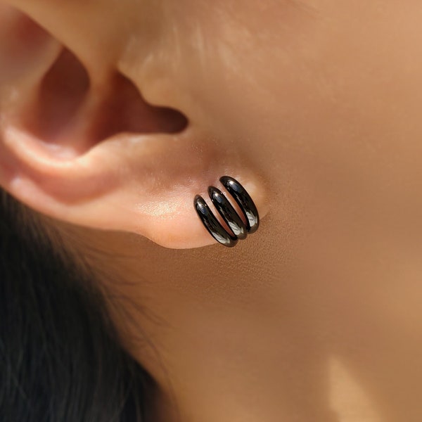 Ear jacket - Black ear jackets - Statement earrings - Silver ear jackets - Triple hoop earrings - Spike ear jackets - Open hoop earrings