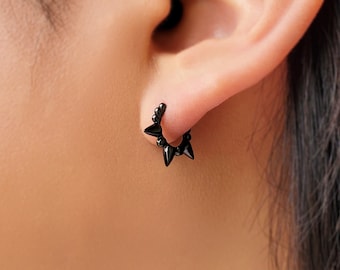 Spike earrings - Beaded earrings - Spike hoop earrings - Black hoop earrings - Silver huggie hoops - Spike huggie hoops