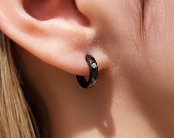 Black huggie earrings - Silver huggie hoops - Cz huggie earrings - Dainty earrings - Minimalist earrings - Couple earrings