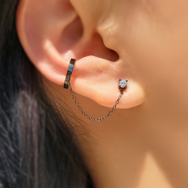 Ear cuff chain earrings - Chain earrings - Statement earrings - Black cuff earrings - Silver ear cuffs - Stud earrings with cuffs