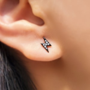 Lightning bolt earrings - Cz earrings - Black stud earrings - Silver studs - Tiny earrings - Celestial earrings - Everyday earrings
