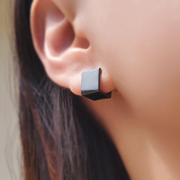 Square earrings - Black huggie earrings - Silver huggie hoops - Couple earrings - Statement earrings - Chunky earrings