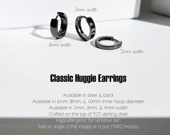 Classic huggie earrings - Minimalist earrings - Black huggies - Silver huggie hoops - Men's earrings - Women's hoops - Hoops with sizes