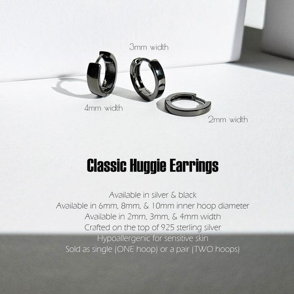 Pendientes huggie clásicos - Pendientes minimalistas - Huggies negros - Aros huggie plateados - Pendientes de hombre - Aros de mujer - Aros con tallas