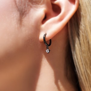 Black hoop earrings - Silver dangle earrings - Dainty earrings - Minimalist earrings - Couple earrings - Huggie hoops